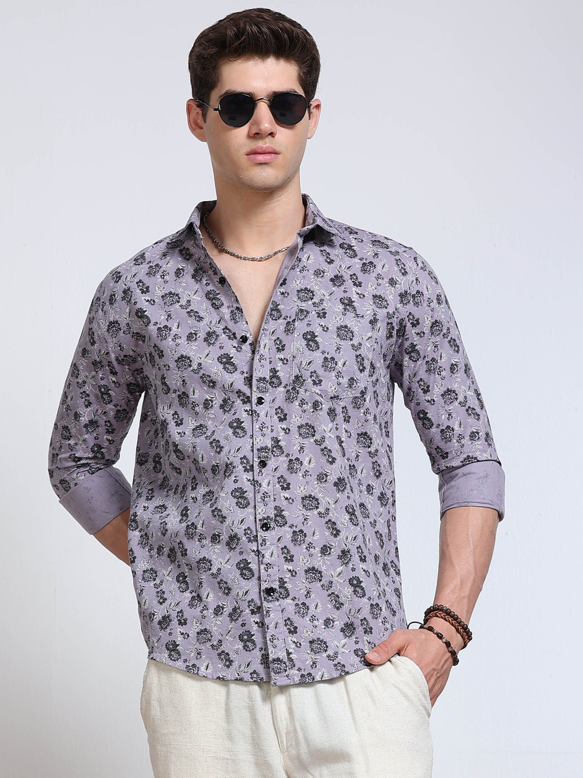 Men's Linen Lavender Dark Floral Printed Shirt