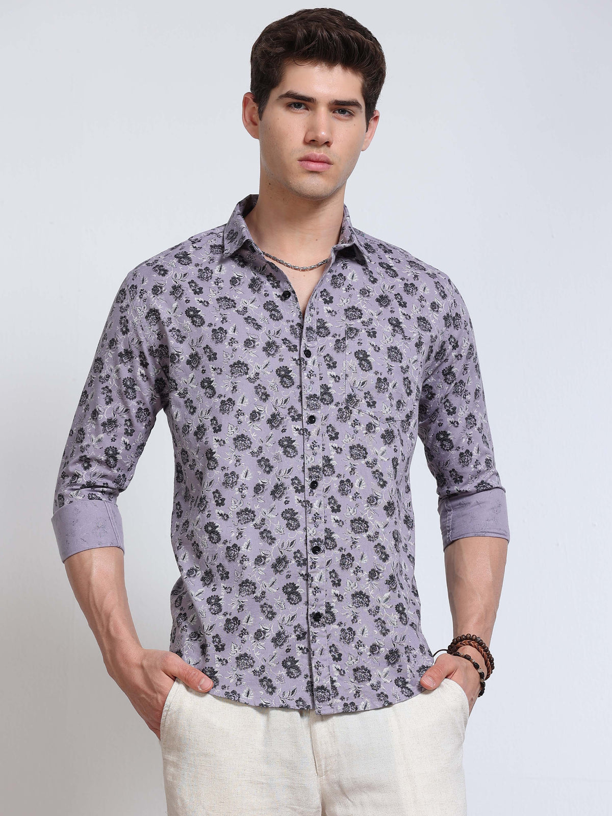 Men's Linen Lavender Dark Floral Printed Shirt