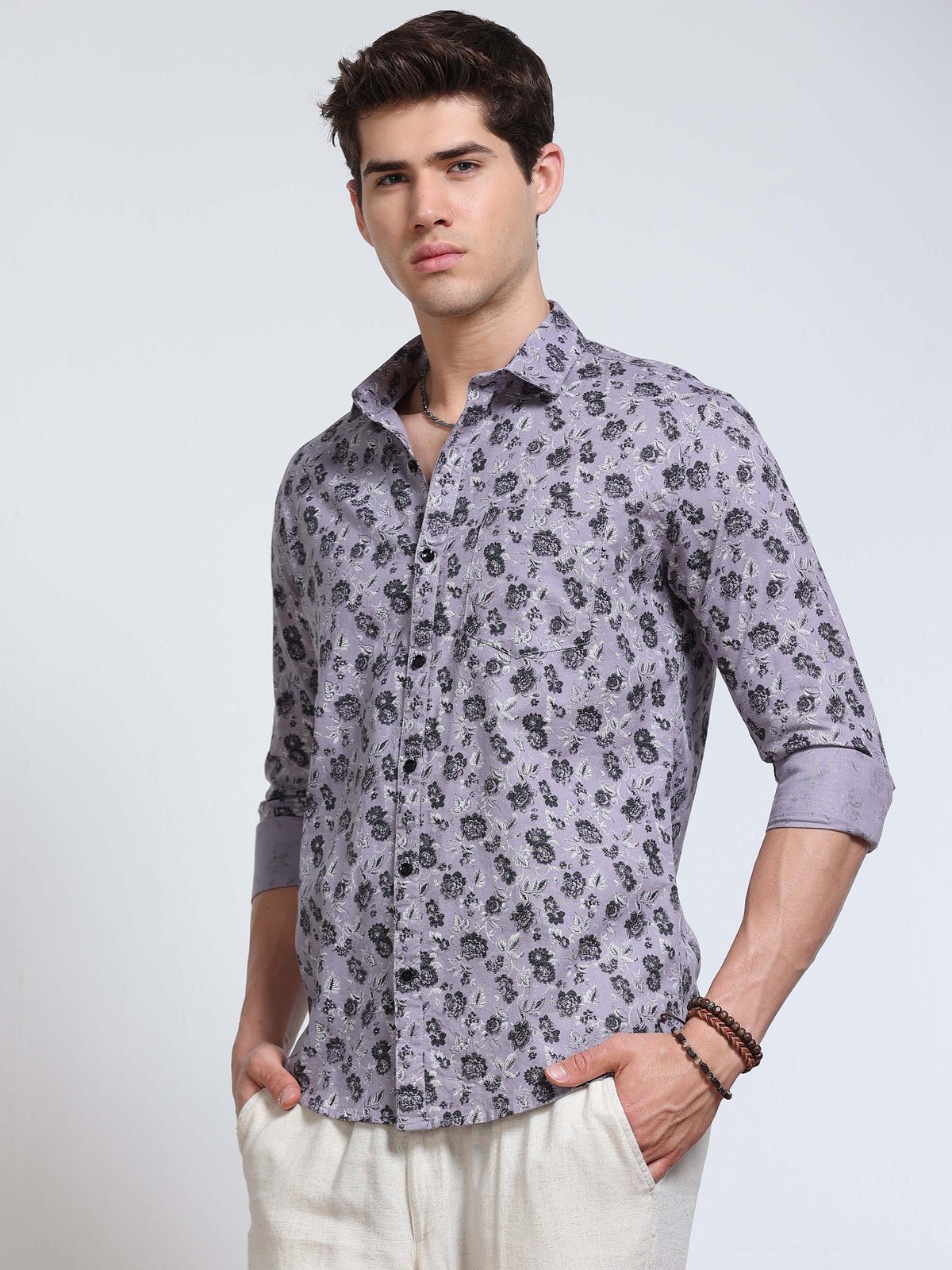 Men's Linen Lavender Dark Floral Printed Shirt