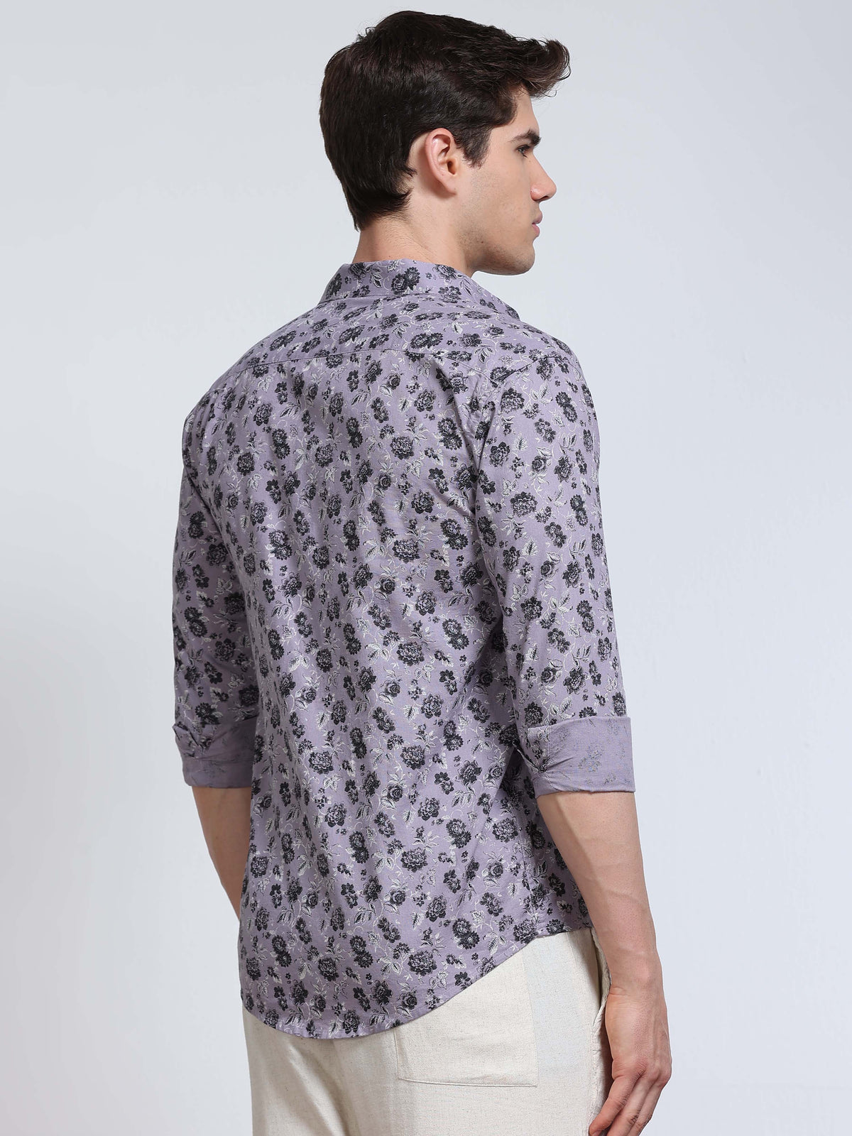 Men's Linen Lavender Dark Floral Printed Shirt