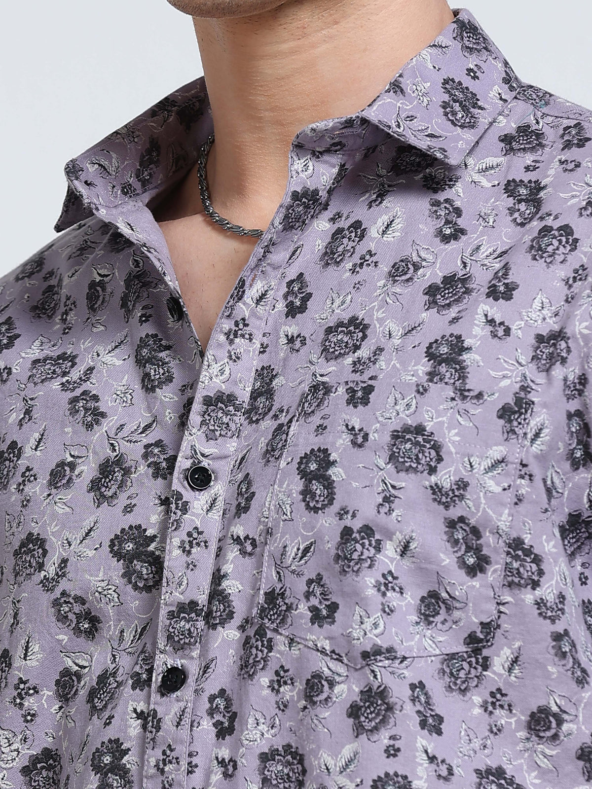 Men's Linen Lavender Dark Floral Printed Shirt