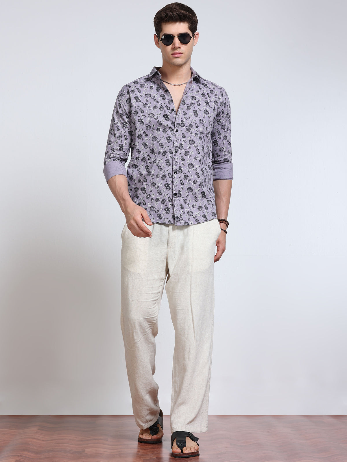 Men's Linen Lavender Dark Floral Printed Shirt