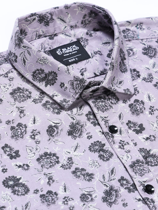 Men's Linen Lavender Dark Floral Printed Shirt