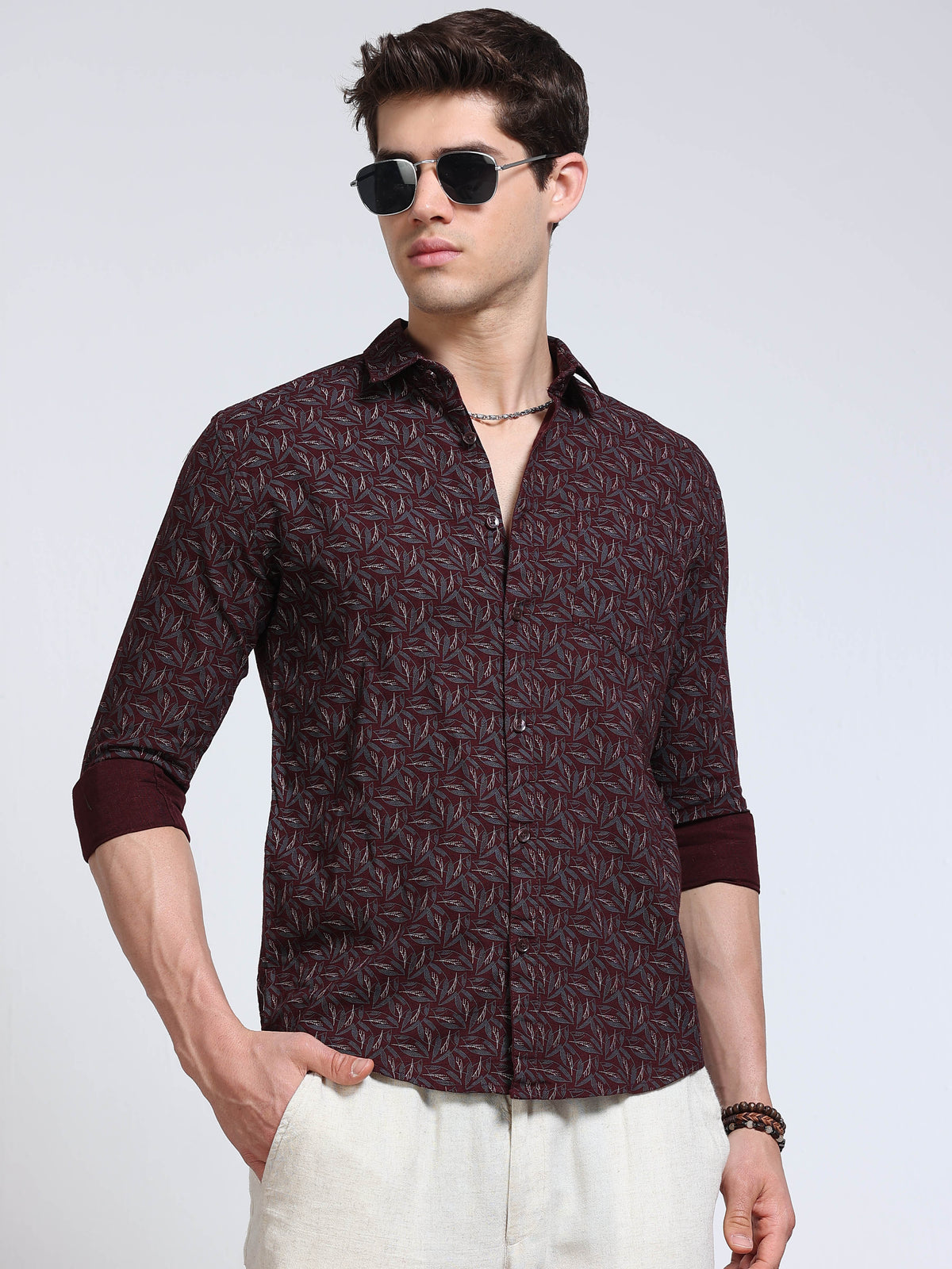 Men's Linen Wine Leaf Printed Shirt