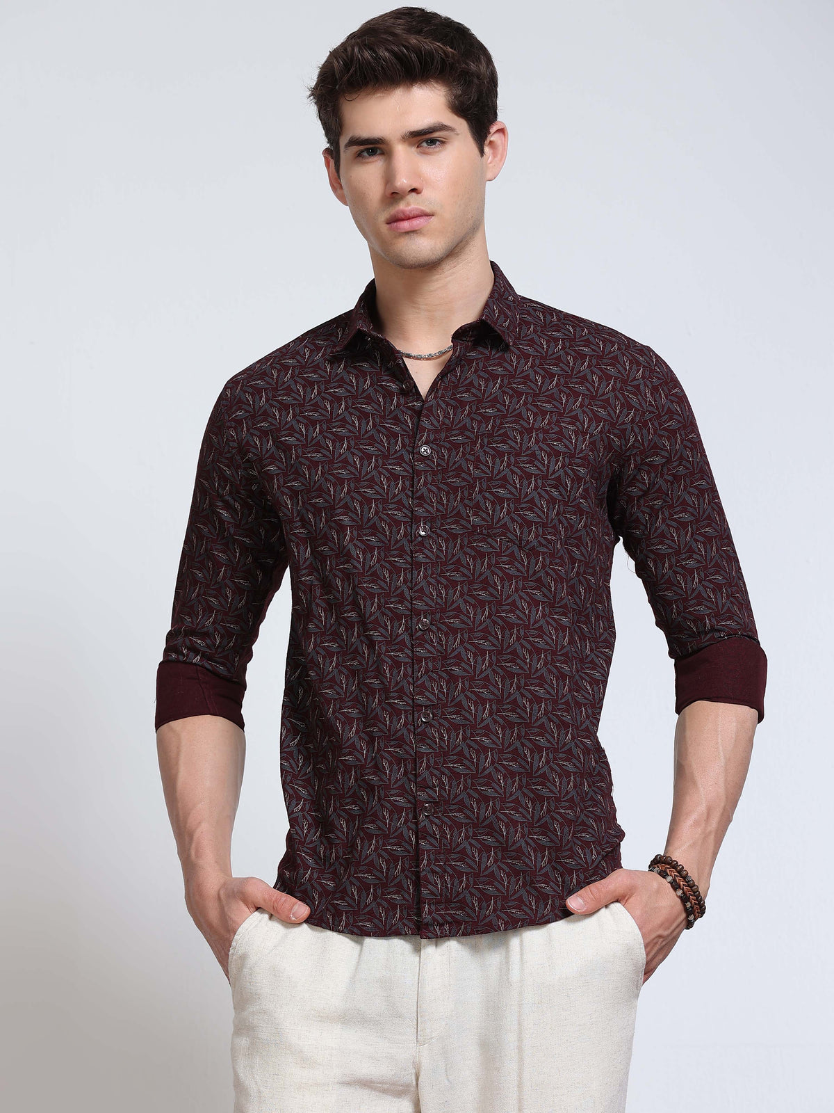 Men's Linen Wine Leaf Printed Shirt