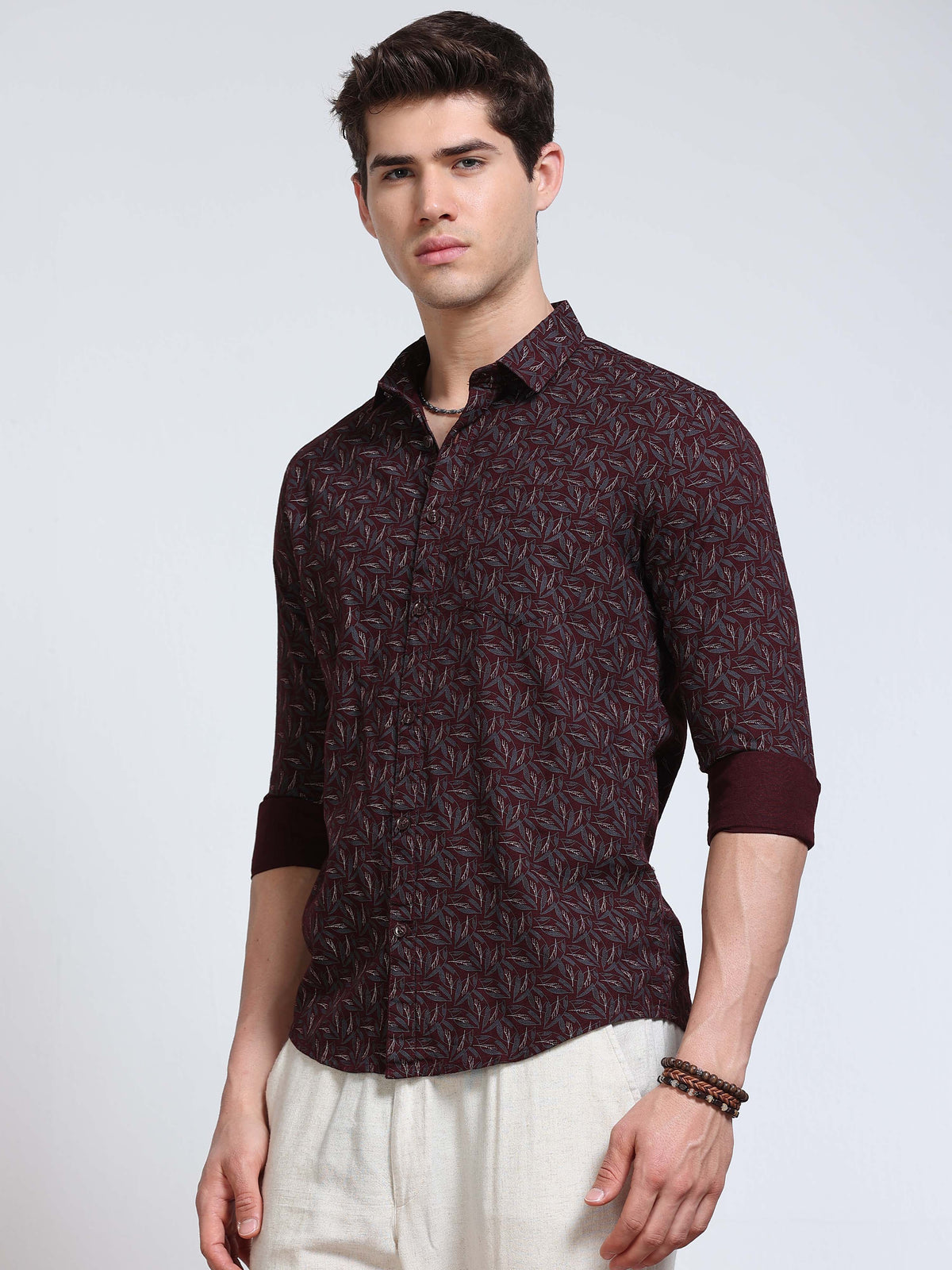 Men's Linen Wine Leaf Printed Shirt