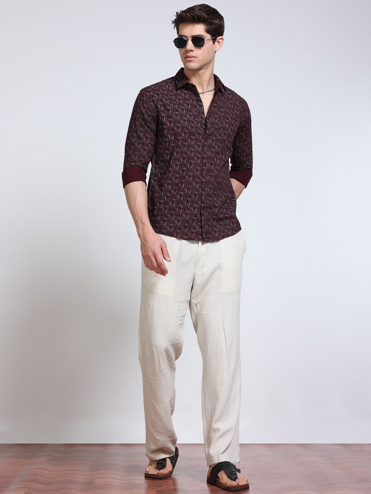 Men's Linen Wine Leaf Printed Shirt