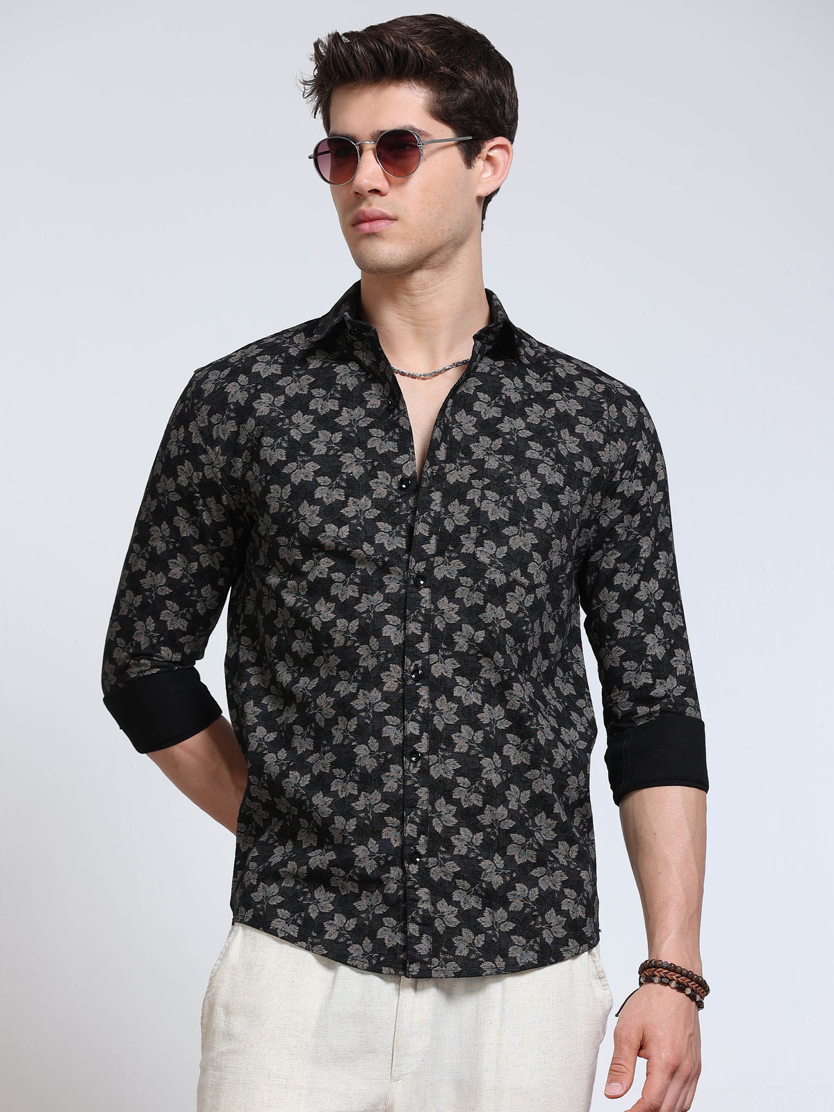 Men's Linen Black Grey Leaf Floral Printed Shirt