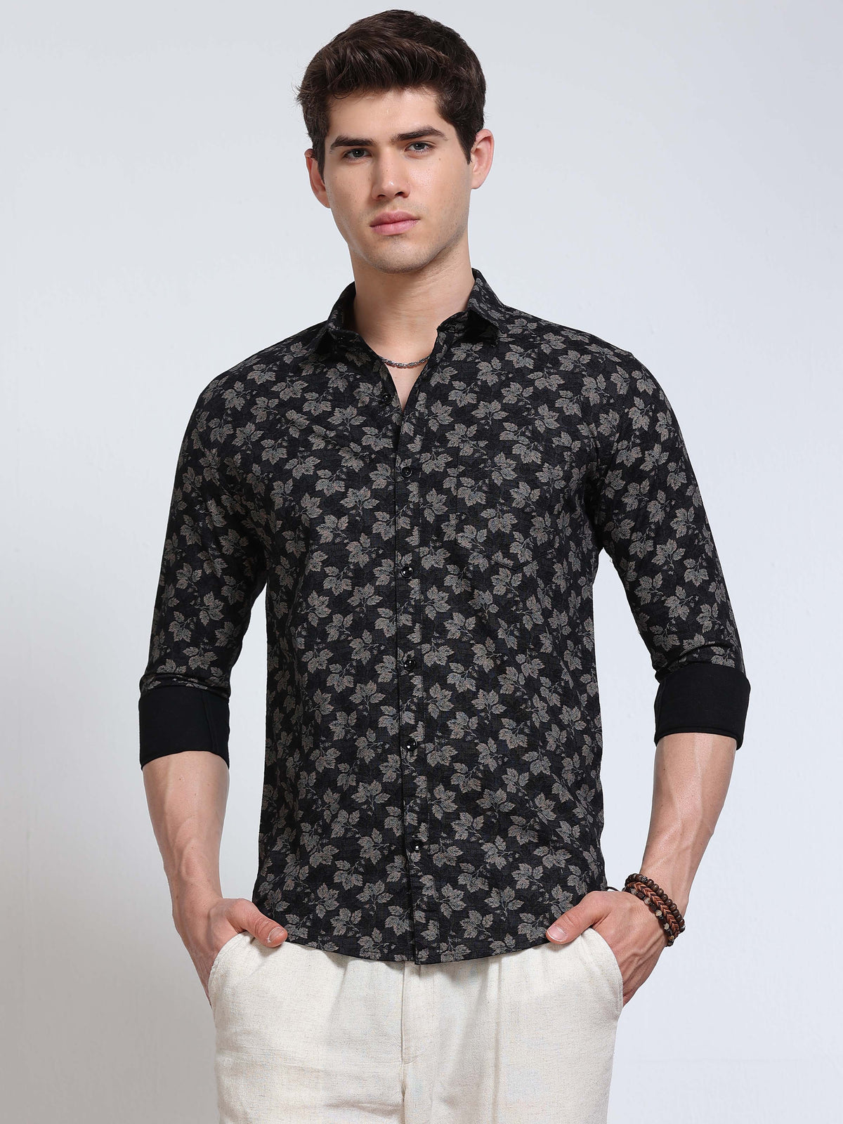 Men's Linen Black Grey Leaf Floral Printed Shirt