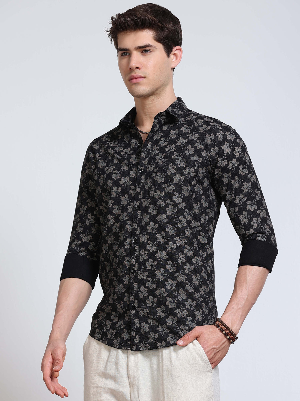 Men's Linen Black Grey Leaf Floral Printed Shirt