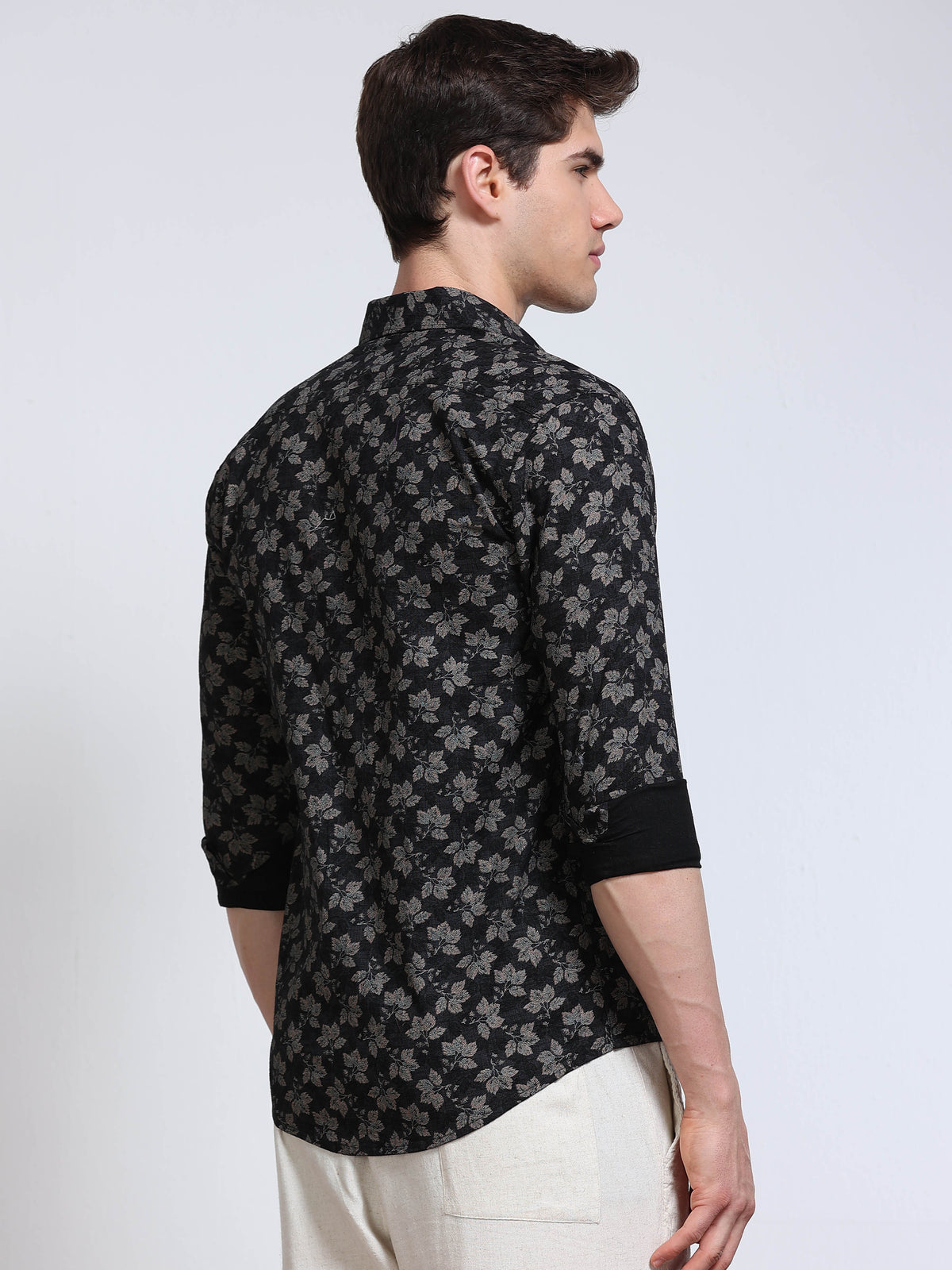 Men's Linen Black Grey Leaf Floral Printed Shirt