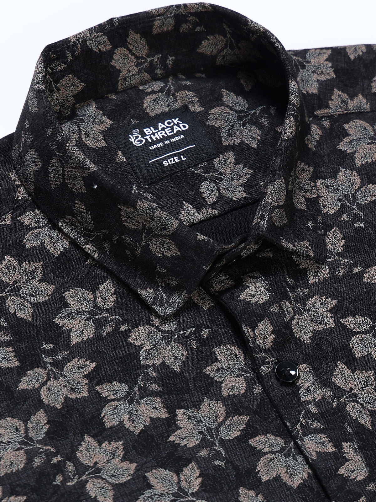 Men's Linen Black Grey Leaf Floral Printed Shirt