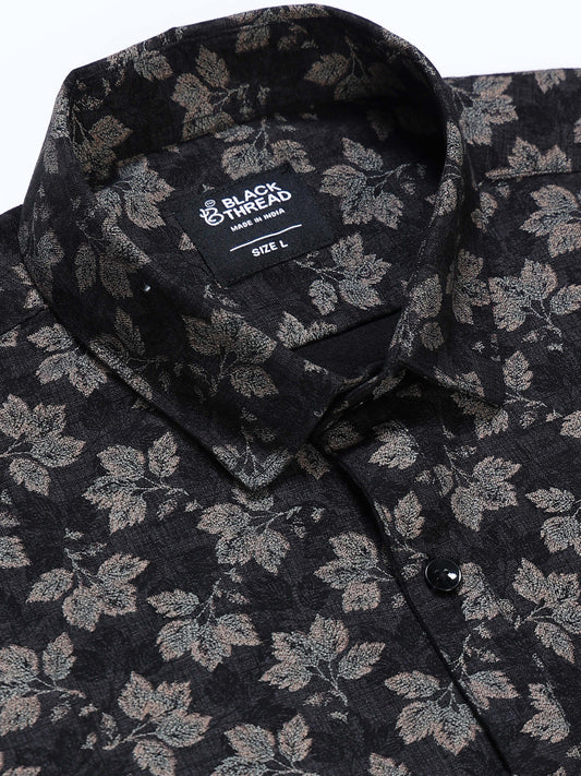 Men's Linen Black Grey Leaf Floral Printed Shirt