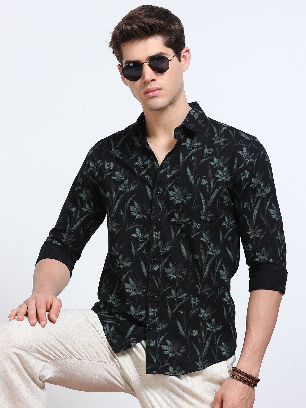 Men's Linen Black Dark Green Tropical Printed Shirt