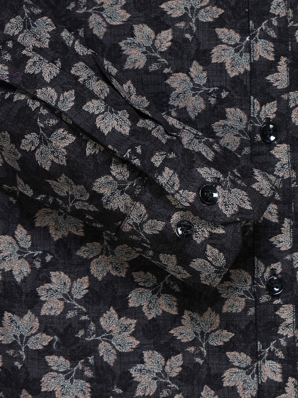 Men's Linen Black Grey Leaf Floral Printed Shirt