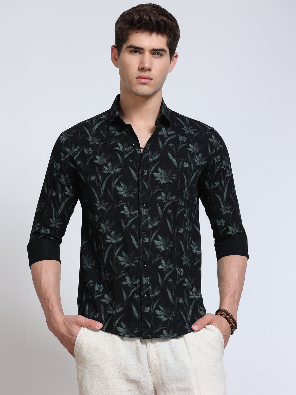 Men's Linen Black Dark Green Tropical Printed Shirt