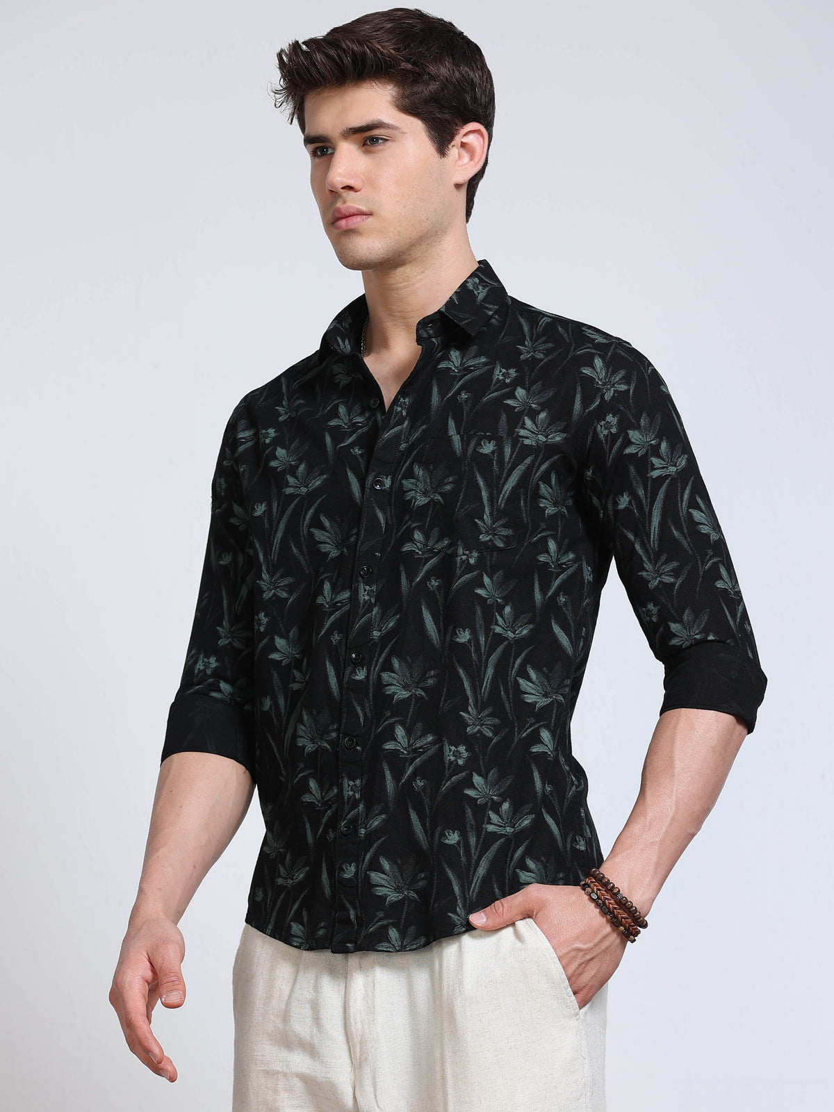 Men's Linen Black Dark Green Tropical Printed Shirt