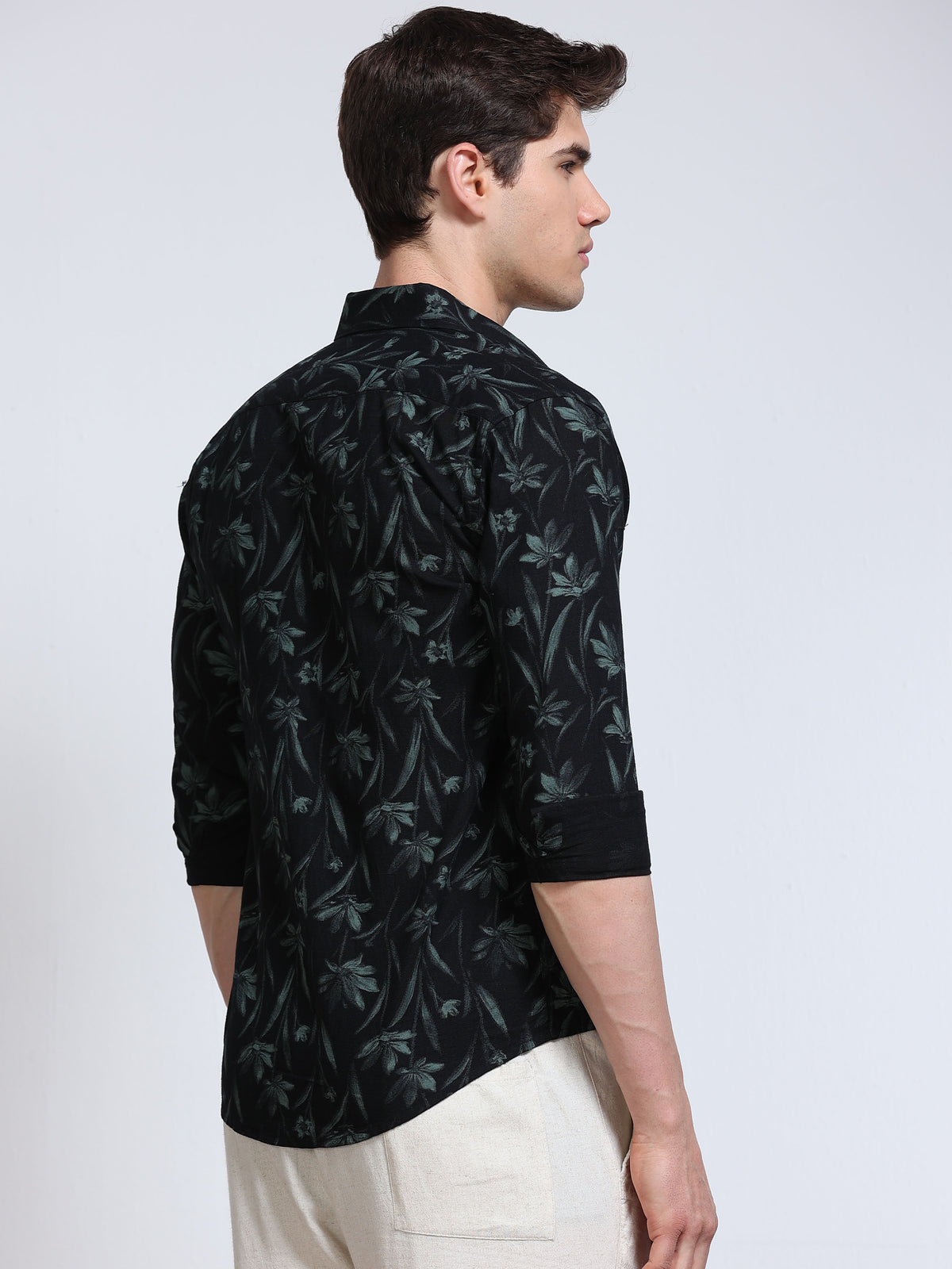 Men's Linen Black Dark Green Tropical Printed Shirt