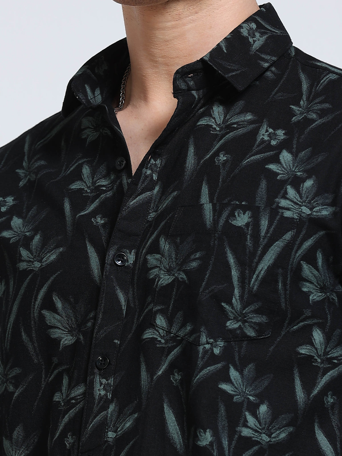 Men's Linen Black Dark Green Tropical Printed Shirt