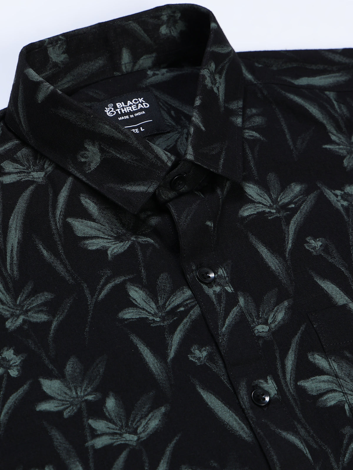 Men's Linen Black Dark Green Tropical Printed Shirt