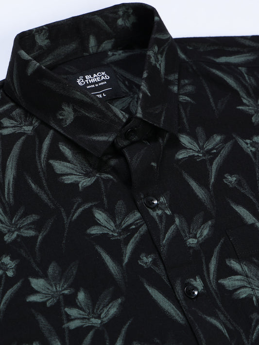 Men's Linen Black Dark Green Tropical Printed Shirt