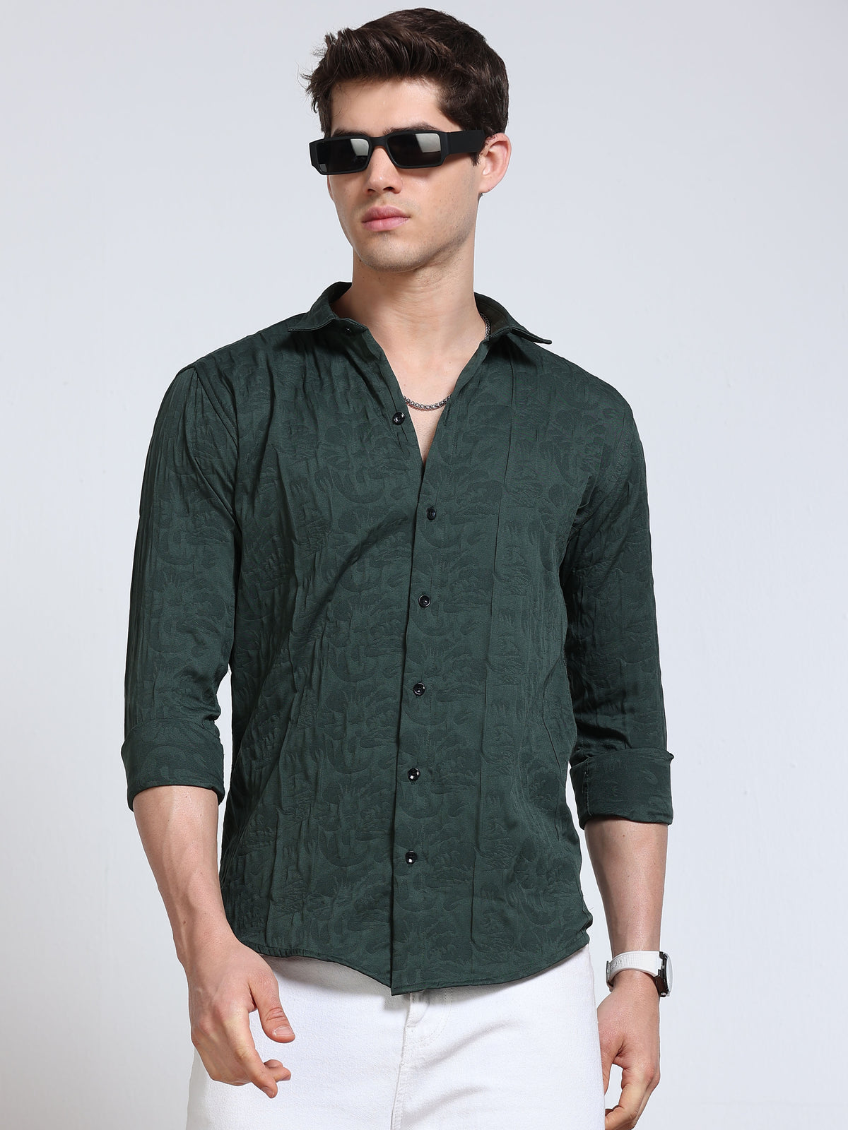 Men's Bottle Green Abstract Crinkle Textured Casual Shirt