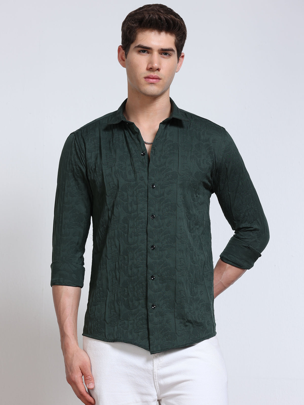 Men's Bottle Green Abstract Crinkle Textured Casual Shirt
