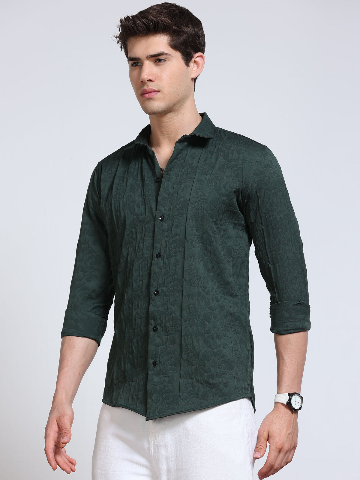 Men's Bottle Green Abstract Crinkle Textured Casual Shirt