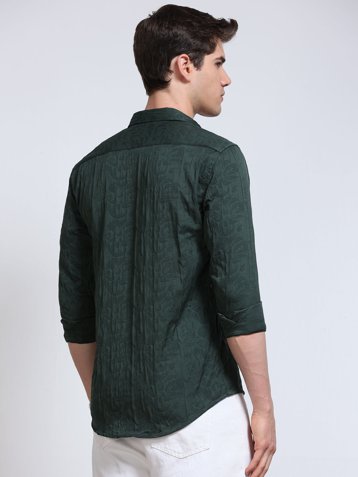 Men's Bottle Green Abstract Crinkle Textured Casual Shirt