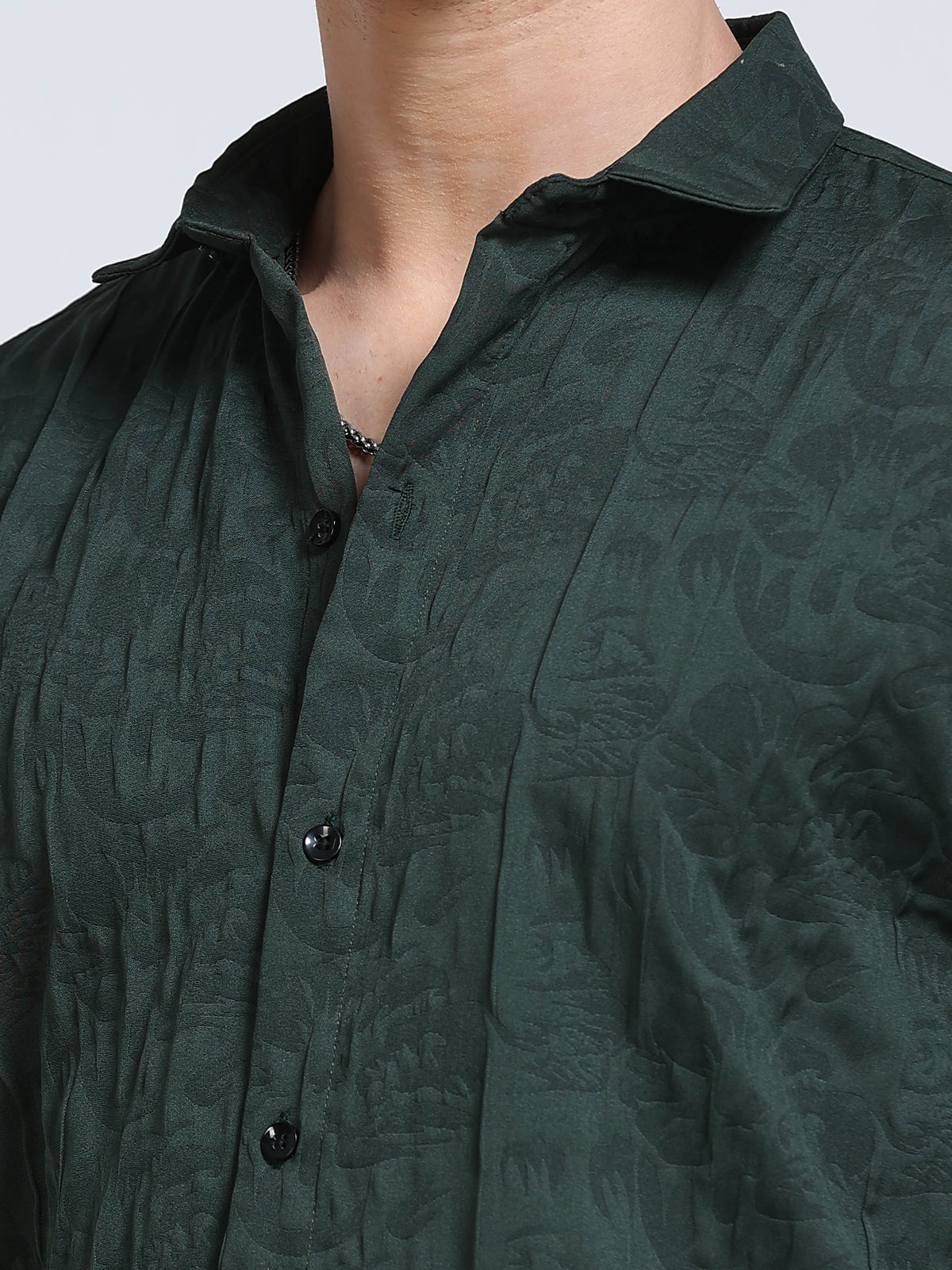 Men's Bottle Green Abstract Crinkle Textured Casual Shirt