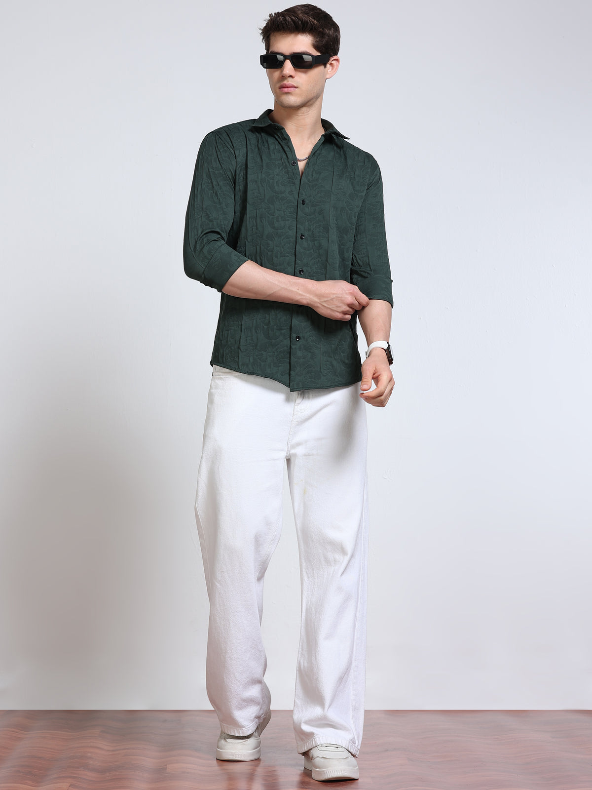Men's Bottle Green Abstract Crinkle Textured Casual Shirt