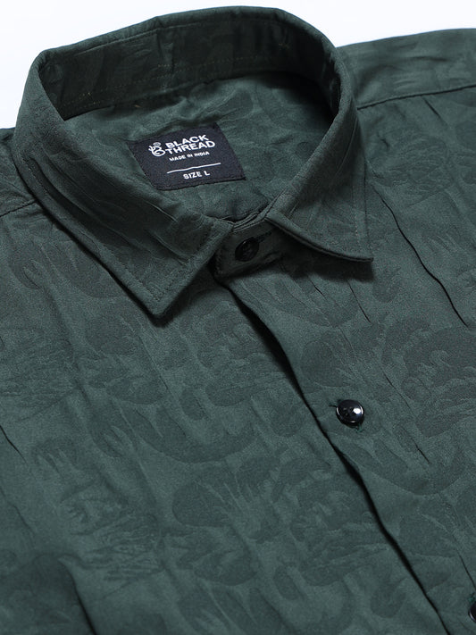 Men's Bottle Green Abstract Crinkle Textured Casual Shirt