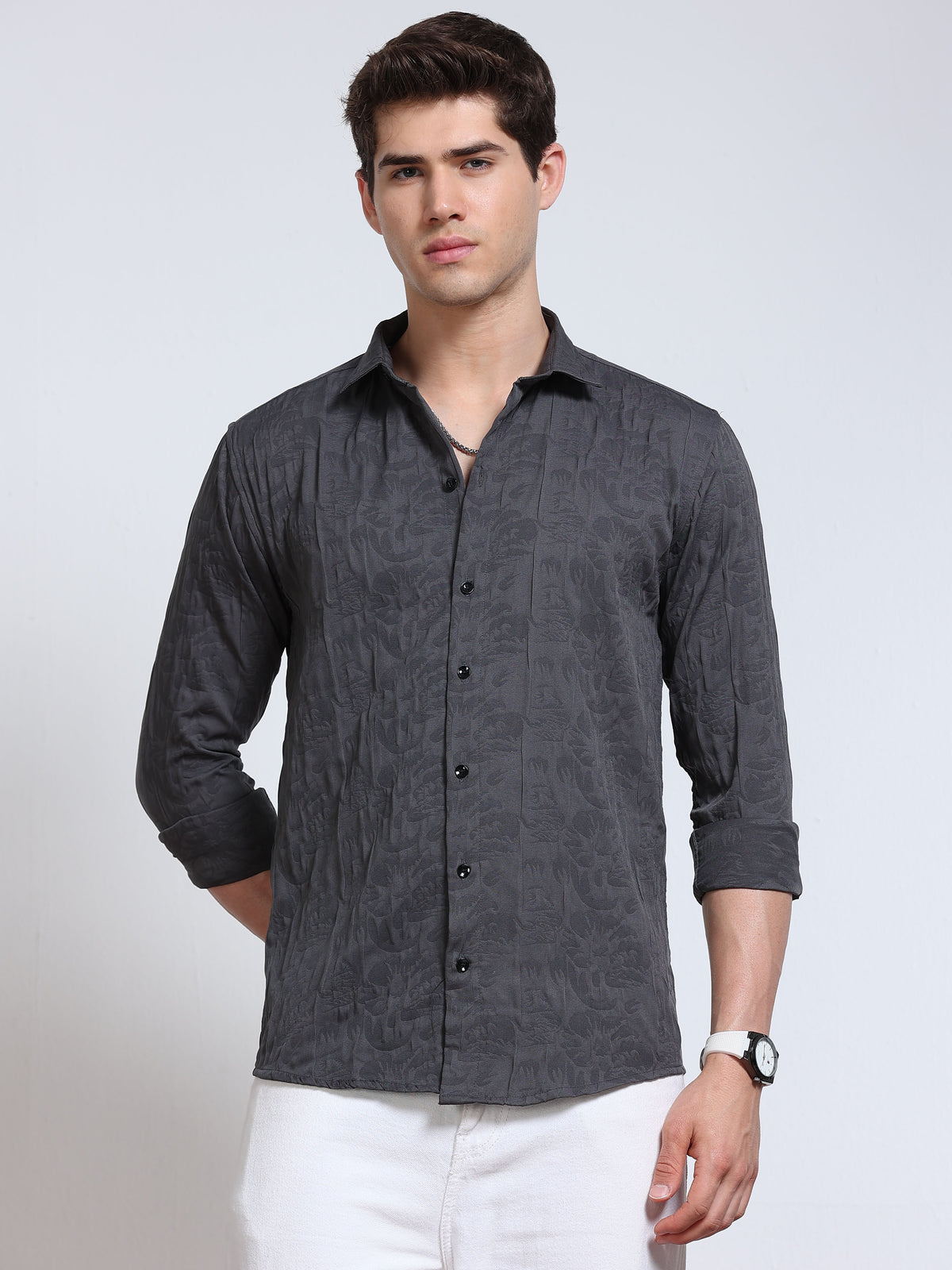 Men's Steel Grey Abstract Crinkle Textured Casual Shirt