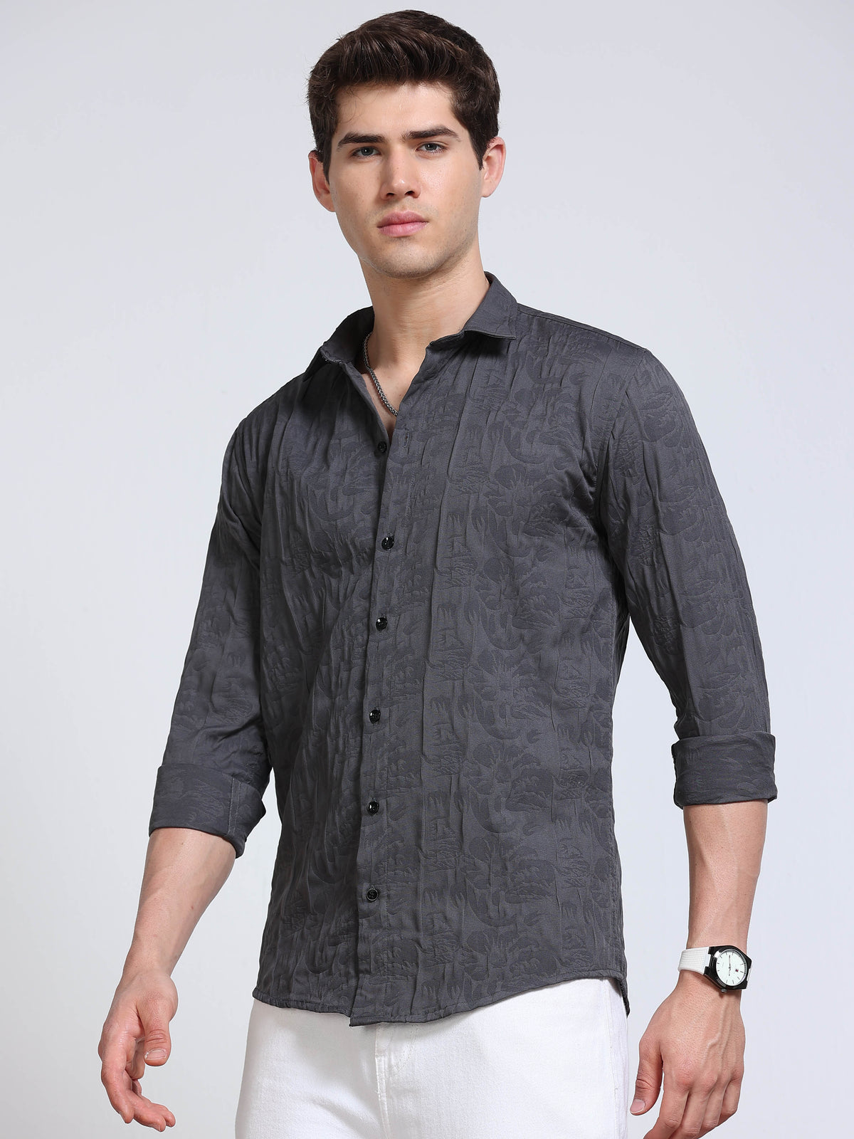 Men's Steel Grey Abstract Crinkle Textured Casual Shirt