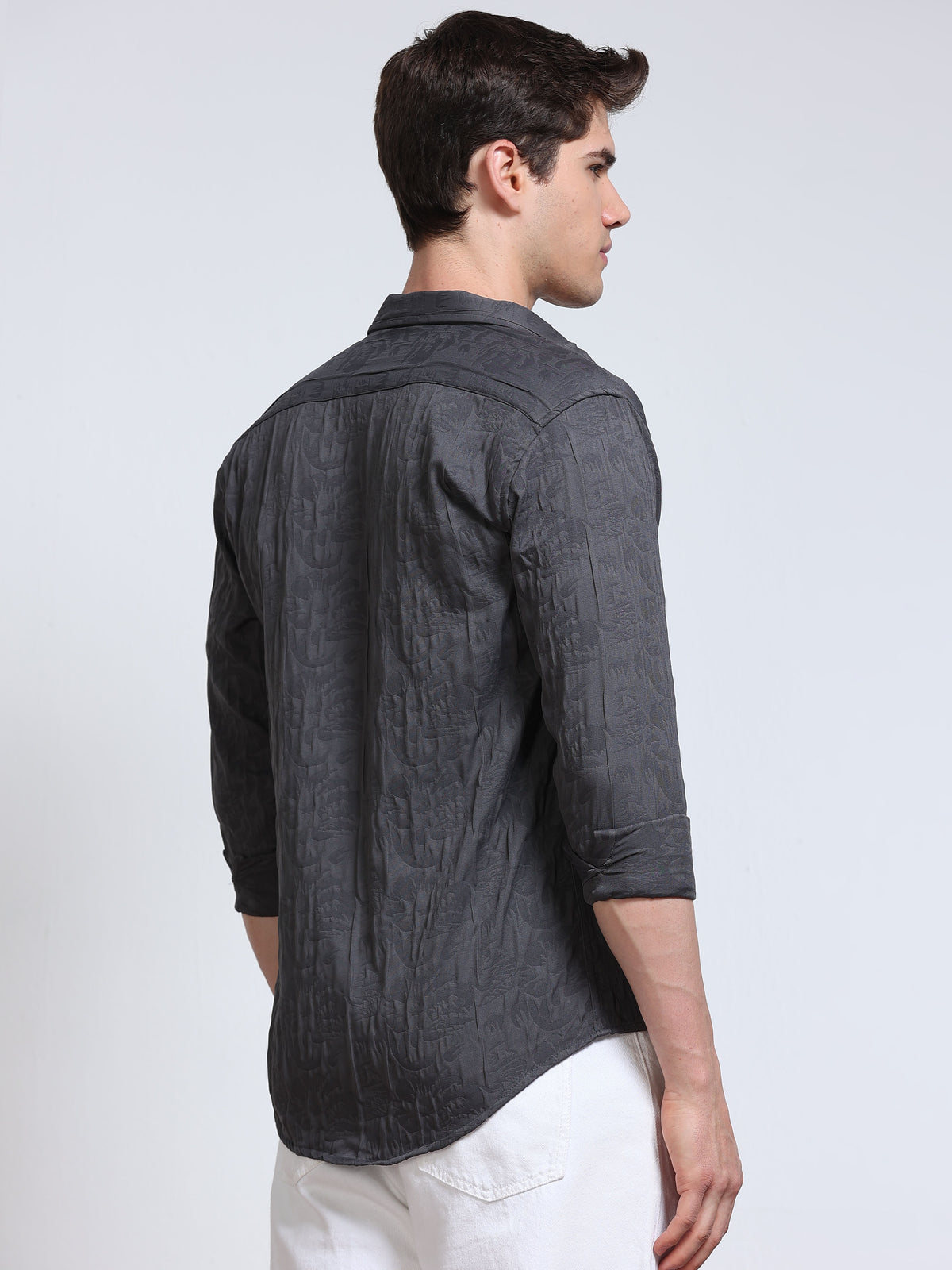 Men's Steel Grey Abstract Crinkle Textured Casual Shirt
