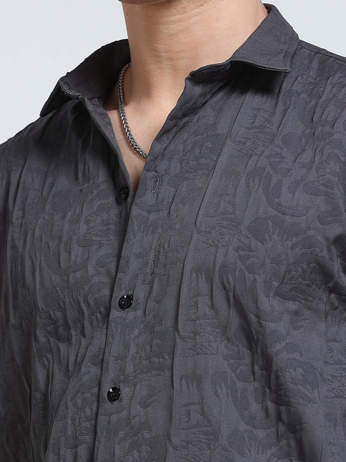 Men's Steel Grey Abstract Crinkle Textured Casual Shirt