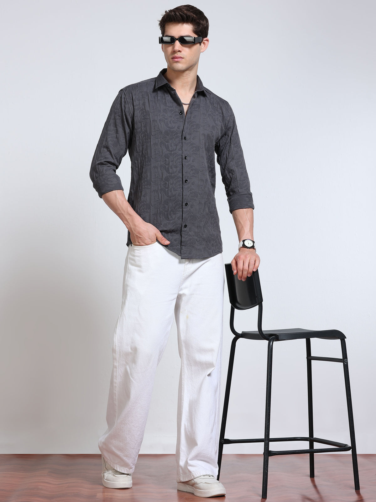 Men's Steel Grey Abstract Crinkle Textured Casual Shirt