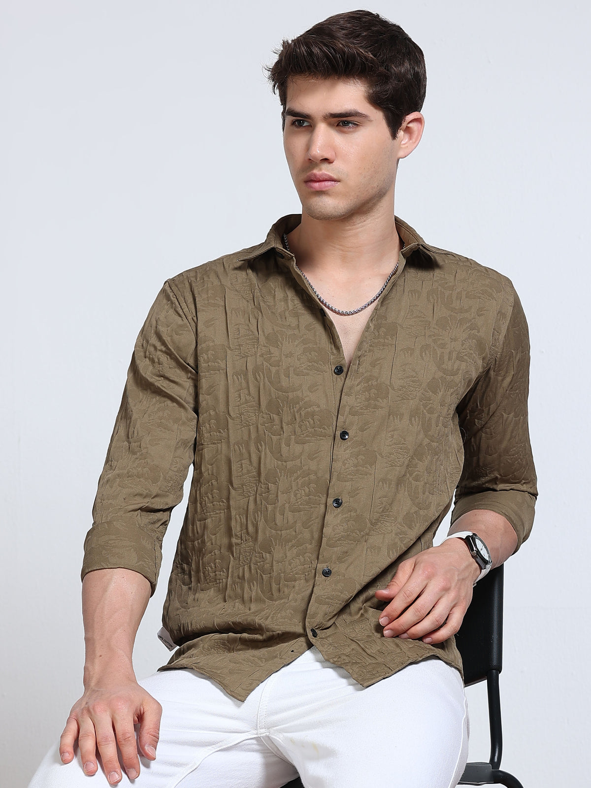 Men's Olive Khaki Abstract Crinkle Textured Casual Shirt