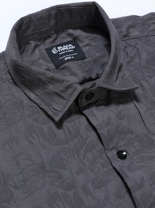 Men's Steel Grey Abstract Crinkle Textured Casual Shirt