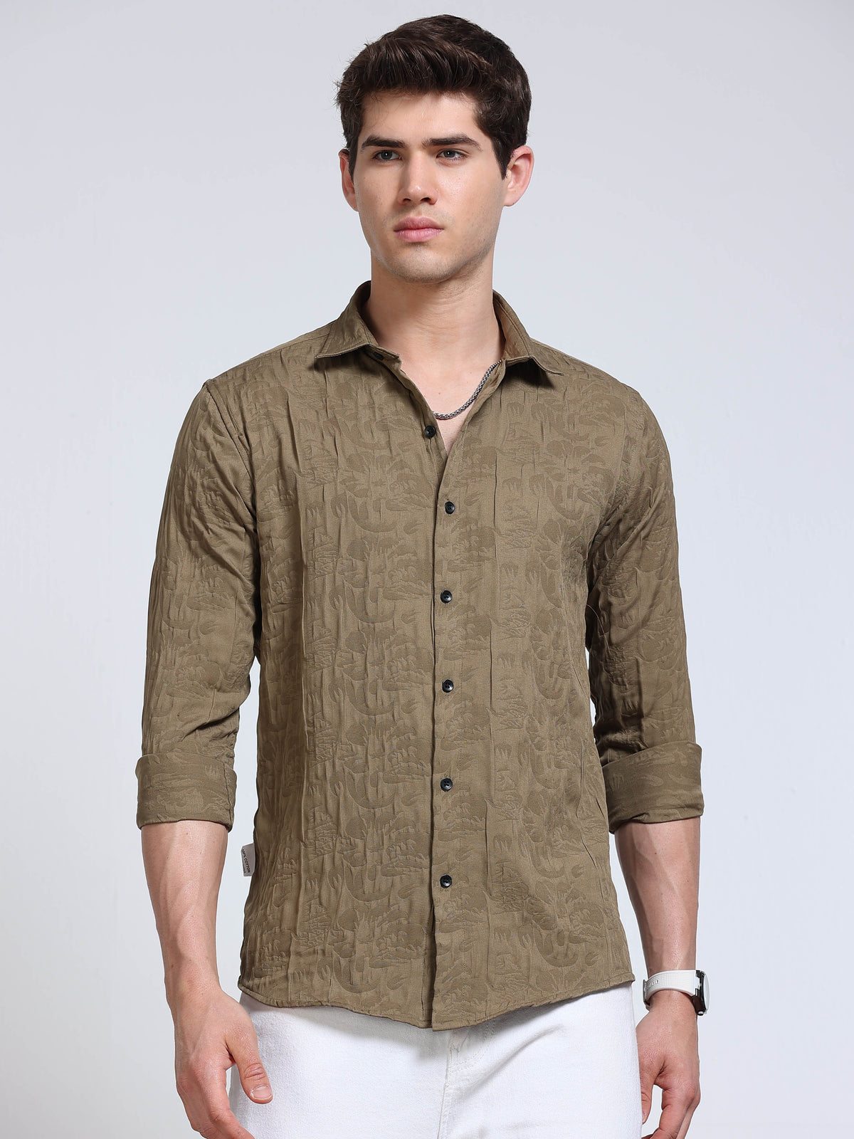 Men's Olive Khaki Abstract Crinkle Textured Casual Shirt