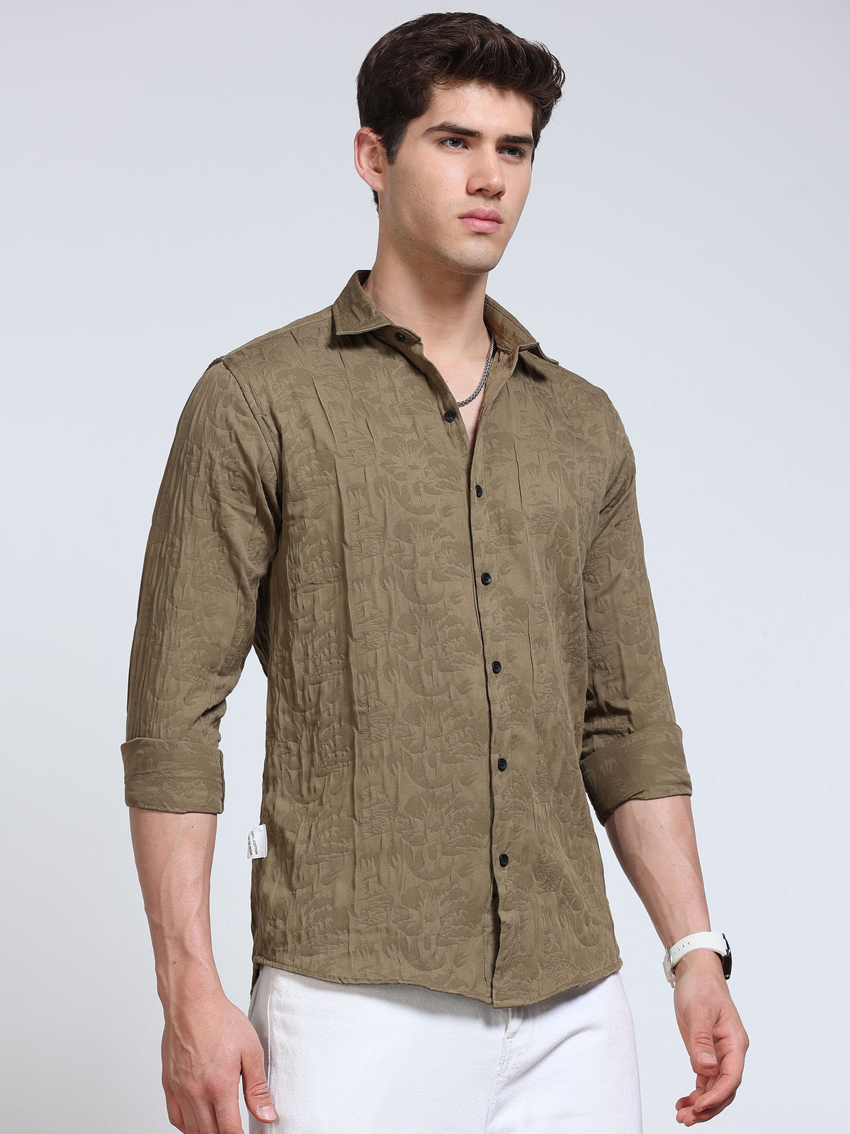 Men's Olive Khaki Abstract Crinkle Textured Casual Shirt