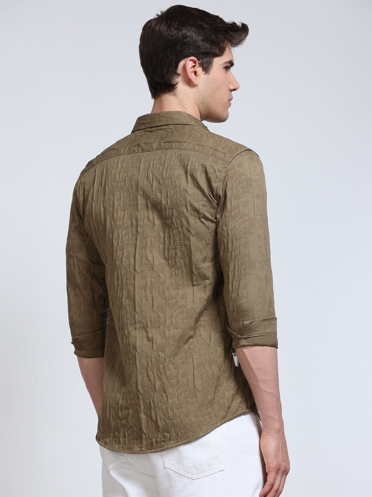 Men's Olive Khaki Abstract Crinkle Textured Casual Shirt