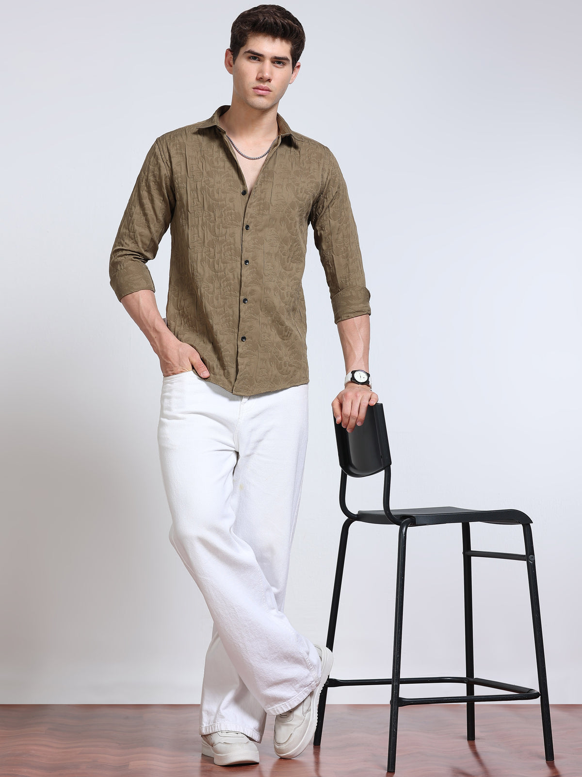 Men's Olive Khaki Abstract Crinkle Textured Casual Shirt
