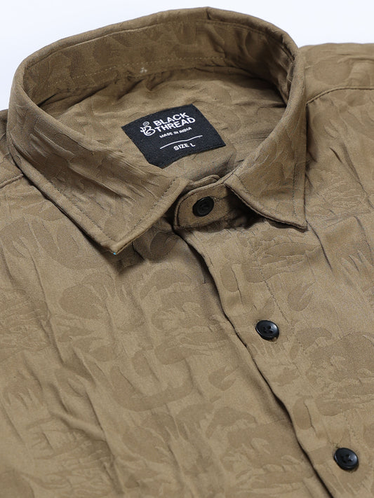 Men's Olive Khaki Abstract Crinkle Textured Casual Shirt