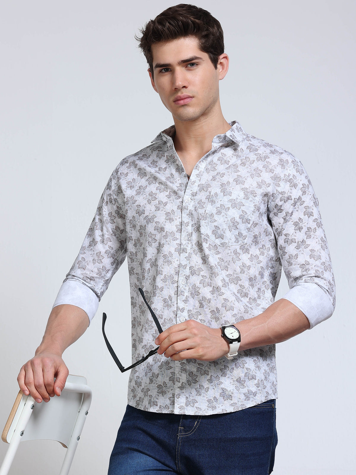 Men's Linen White Grey Blue Maple Leaf Printed Shirt