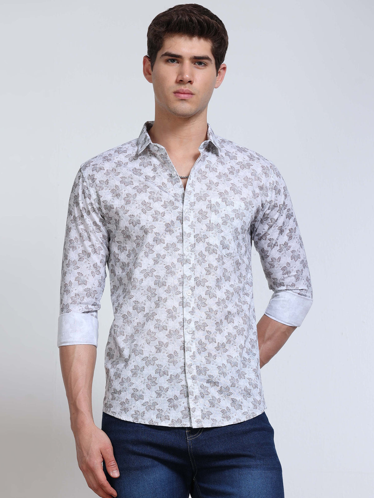 Men's Linen White Grey Blue Maple Leaf Printed Shirt
