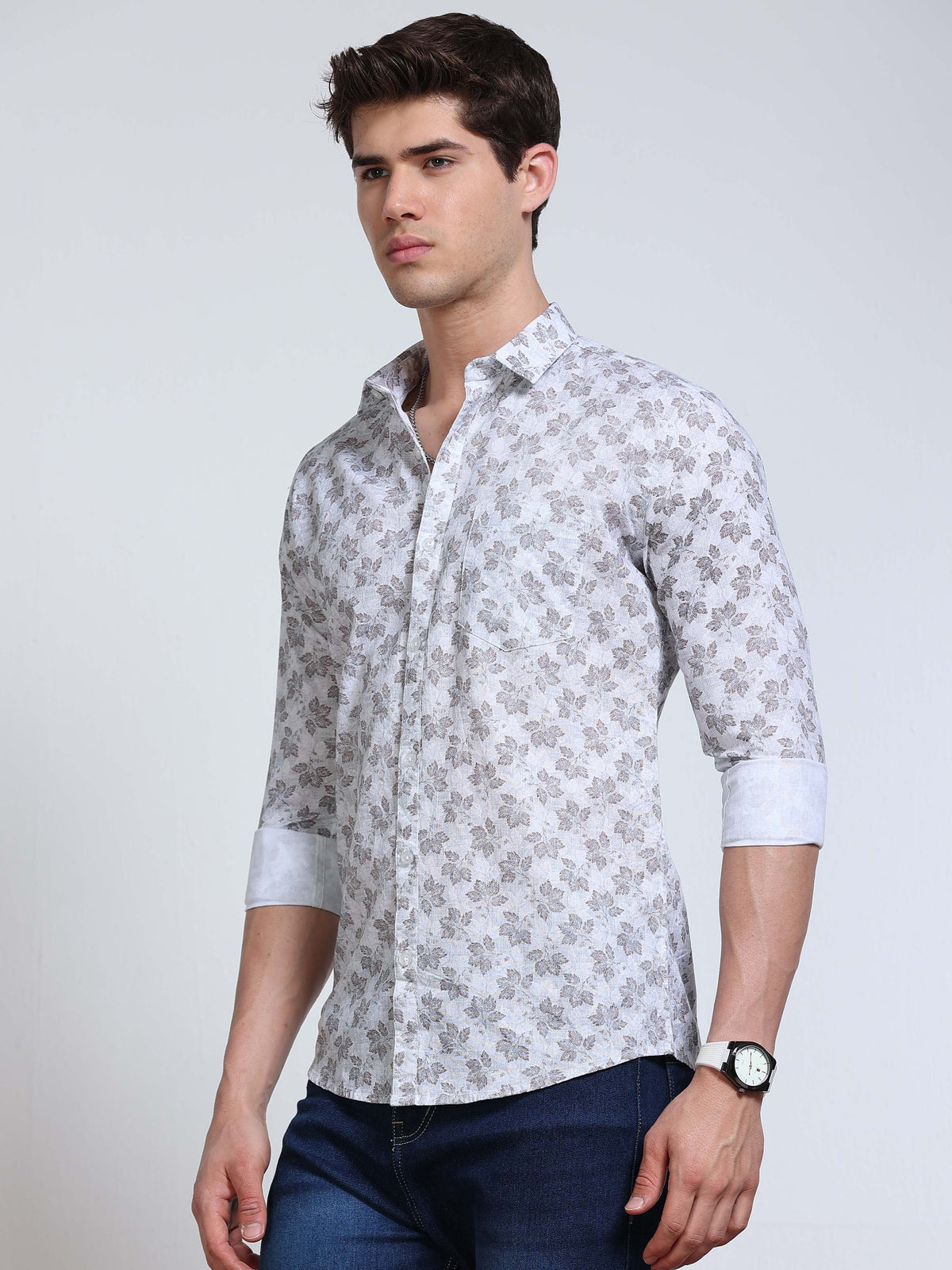 Men's Linen White Grey Blue Maple Leaf Printed Shirt