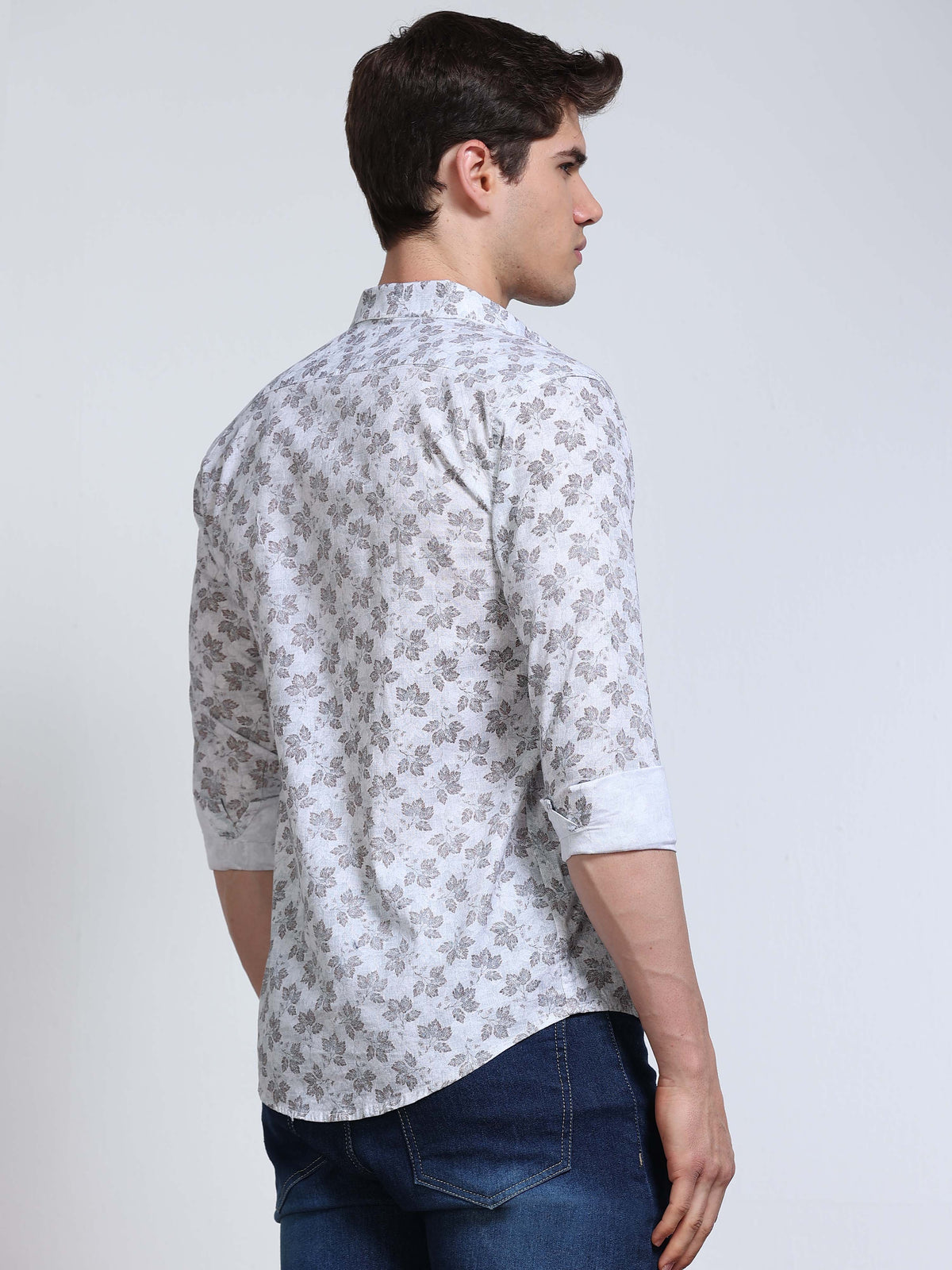 Men's Linen White Grey Blue Maple Leaf Printed Shirt
