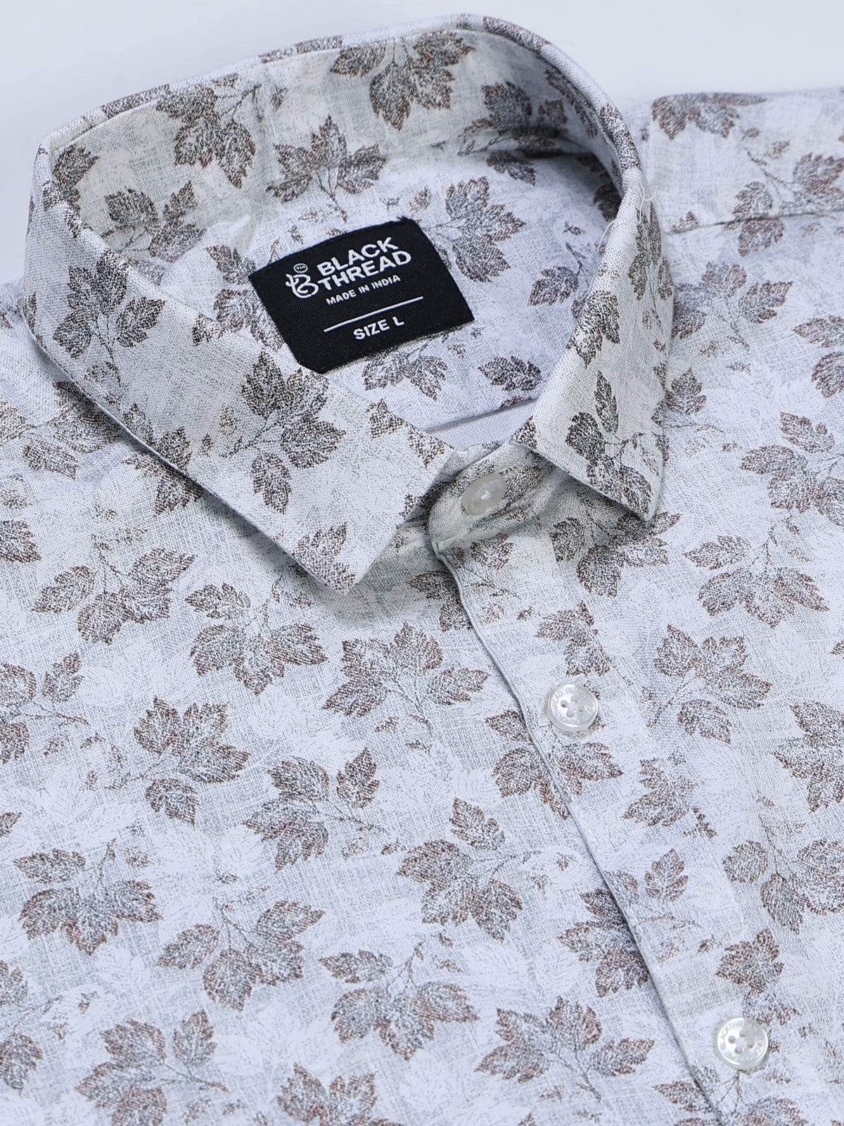 Men's Linen White Grey Blue Maple Leaf Printed Shirt