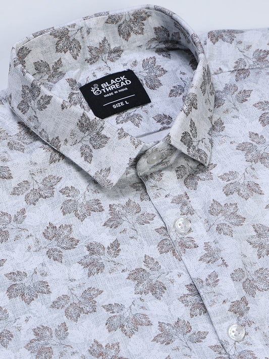 Men's Linen White Grey Blue Maple Leaf Printed Shirt